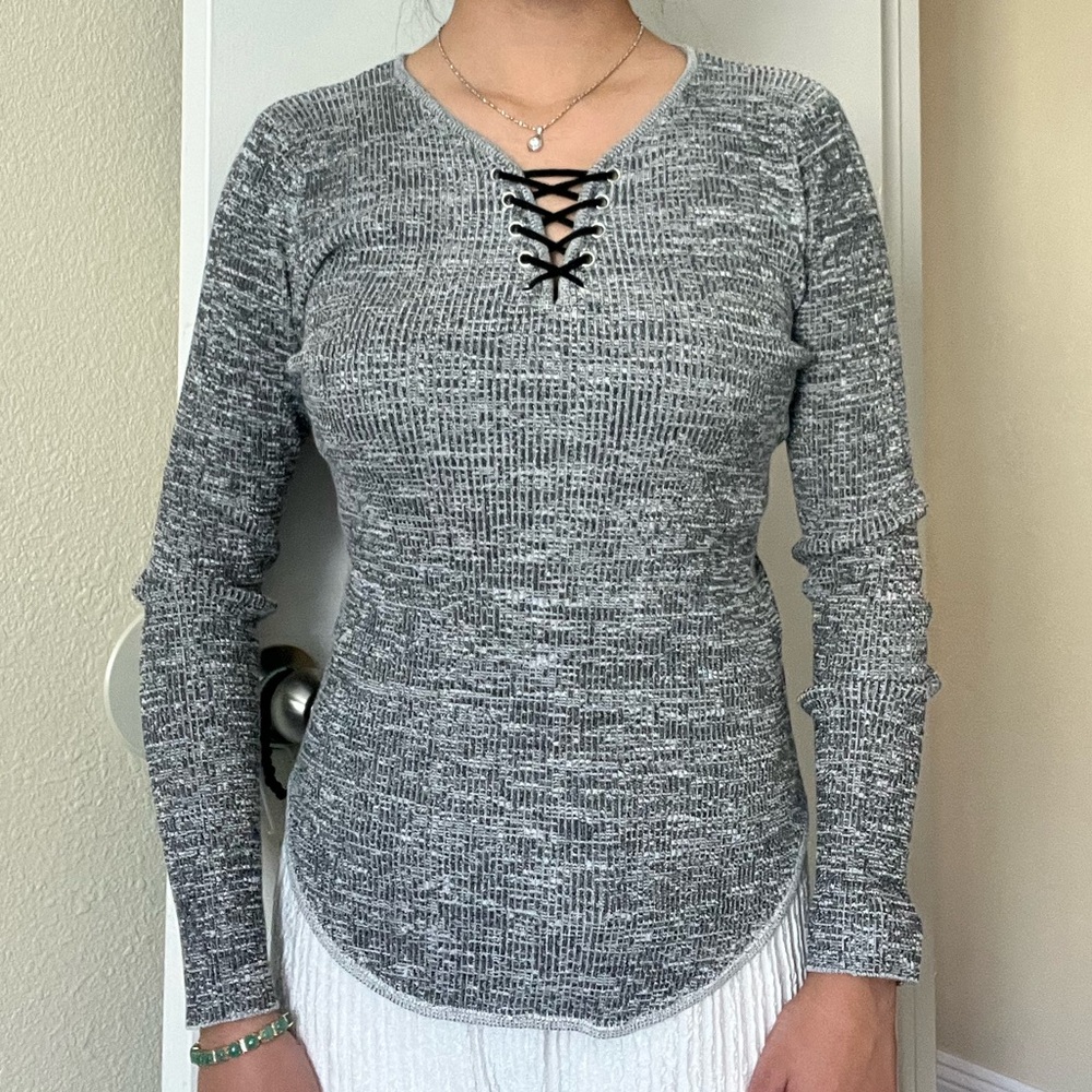 NOBO Black and Gray Lace-Up Long Sleeve Top